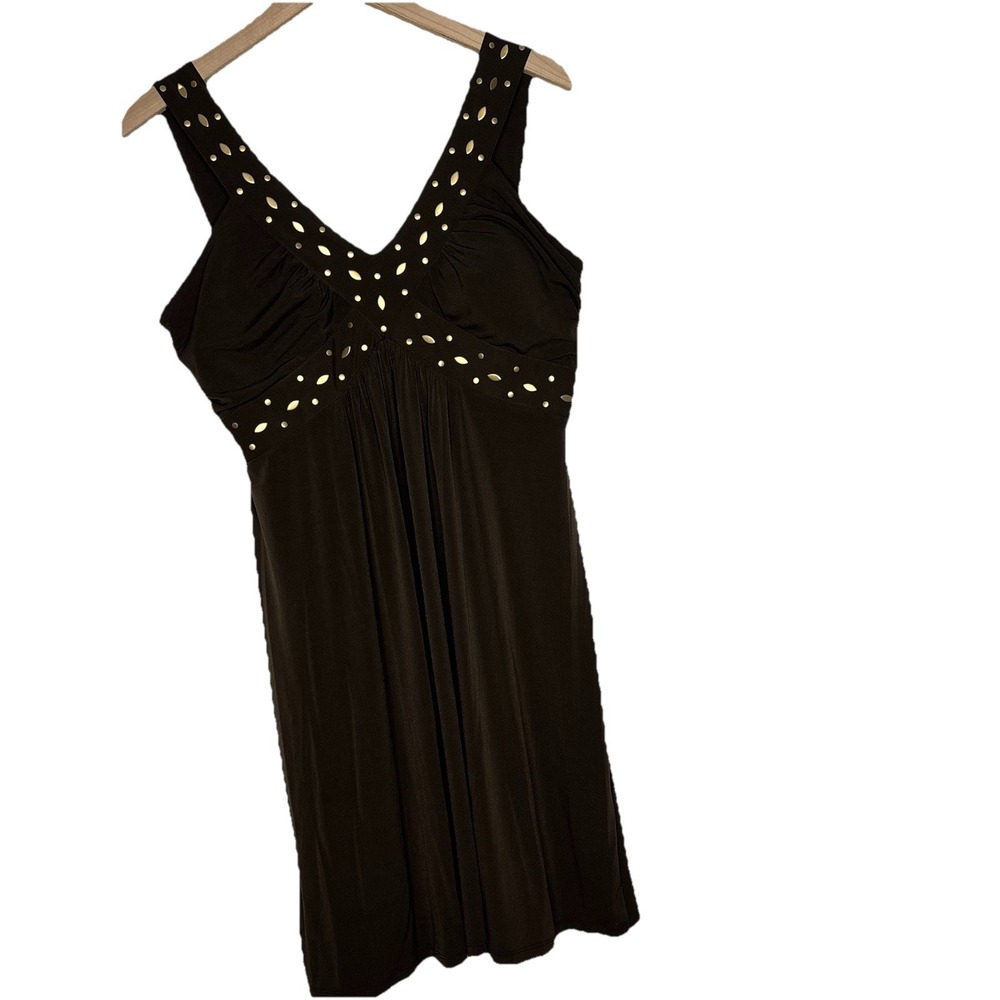 Style & Co Dress Y2K Brown Gold Rivet 90s Large Babydoll Western‎ Metal Cowgirl
